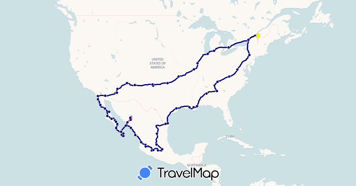TravelMap itinerary: driving, train in Canada, Mexico, United States (North America)